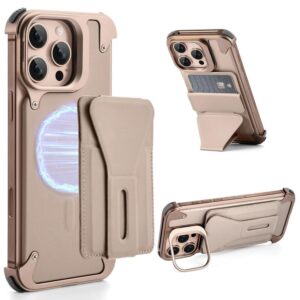 TechTrendz Luxury Metal Frame Leather Magnetic Card Holder Wireless Charging Case for iPhone 16 Pro, Lenses Stand Wallet Card Holder Cover Compatible with iPhone16 Pro (Desert Titanium)