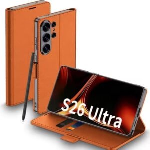 TechTrendz Litchi Texture Flip Case for Samsung Galaxy Ultra 5G, Hidden Kickstand & Stylus Holder Shockproof Business Executive Flip Cover Compatible with Galaxy Ultra (Orange)