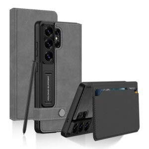 TechTrendz Vegan Leather Flip Cover with Built-in Kickstand & Dual Card Holder, Premium Leather Flip Case Compatible with Galaxy S26 Ultra Cover (Gray)