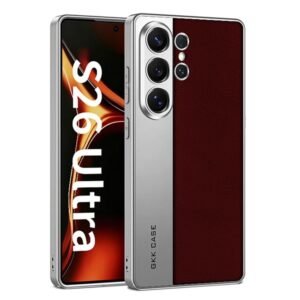 TechTrendz Luxurious Electroplated Leather Back Cover with Full Camera Protection, Slim Fit Anti-Fingerprint Protective Case Compatible with Galaxy S26 Ultra (Wine Red)