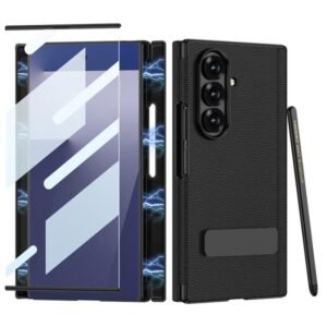 TechTrendz for Samsung Galaxy Z Trifold 5G Case Kickstand Magnetic Hinge Leather + PC Phone Cover with Tempered Glass Film Compatible with Samsung Galaxy Z Trifold - Litchi Black