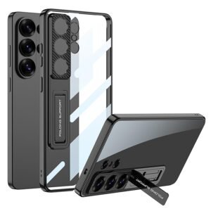 TechTrendz Cover Compatible with Samsung Galaxy S26 Ultra Back Cover with Stand, Electroplating Phone Case Clear Hard PC Kickstand Shockproof Cover for Galaxy S26 Ultra Camera Protection Cover (Black)