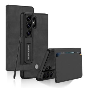 TechTrendz Vegan Leather Flip Cover with Built-in Kickstand & Dual Card Holder, Premium Leather Flip Case Compatible with Samsung Galaxy S26 Ultra Cover (Black)