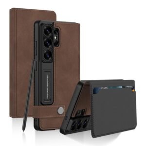 TechTrendz Vegan Leather Flip Cover with Built-in Kickstand & Dual Card Holder, Premium Leather Flip Case Compatible with Samsung Galaxy S26 Ultra Cover (Brown)