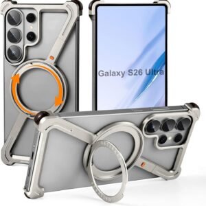TechTrendz Z Bazel-Less Frameless Shockproof, 360° Rotating Magnetic Stand Bumper Cover Compatible with Galaxy S26 Ultra (Natural Titanium)