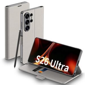 TechTrendz Litchi Texture Flip Case for Samsung Galaxy S26 Ultra 5G, Hidden Kickstand & Stylus Holder Shockproof Business Executive Flip Cover Compatible with Galaxy S26 Ultra (Titanium Gray)