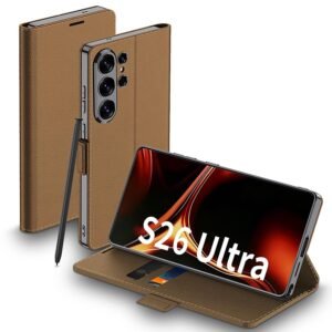 TechTrendz Litchi Texture Flip Case for Galaxy, Hidden Kickstand & Stylus Holder Shockproof Business Executive Flip Cover (Brown)