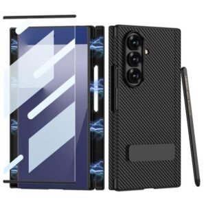TechTrendz for Samsung Galaxy Z Trifold 5G Case Kickstand Magnetic Hinge Leather + PC Phone Cover with Tempered Glass Film Compatible with Samsung Galaxy Z Trifold - Carbonn Black